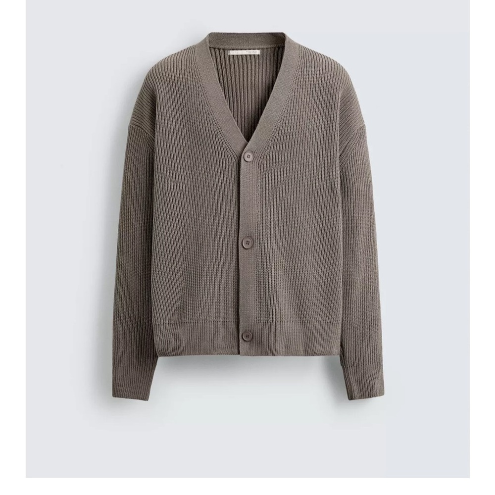 Zara Men’s Pearl Knit Relaxed Fit V-neck Cardigan Sweater, Gray, Sz XL